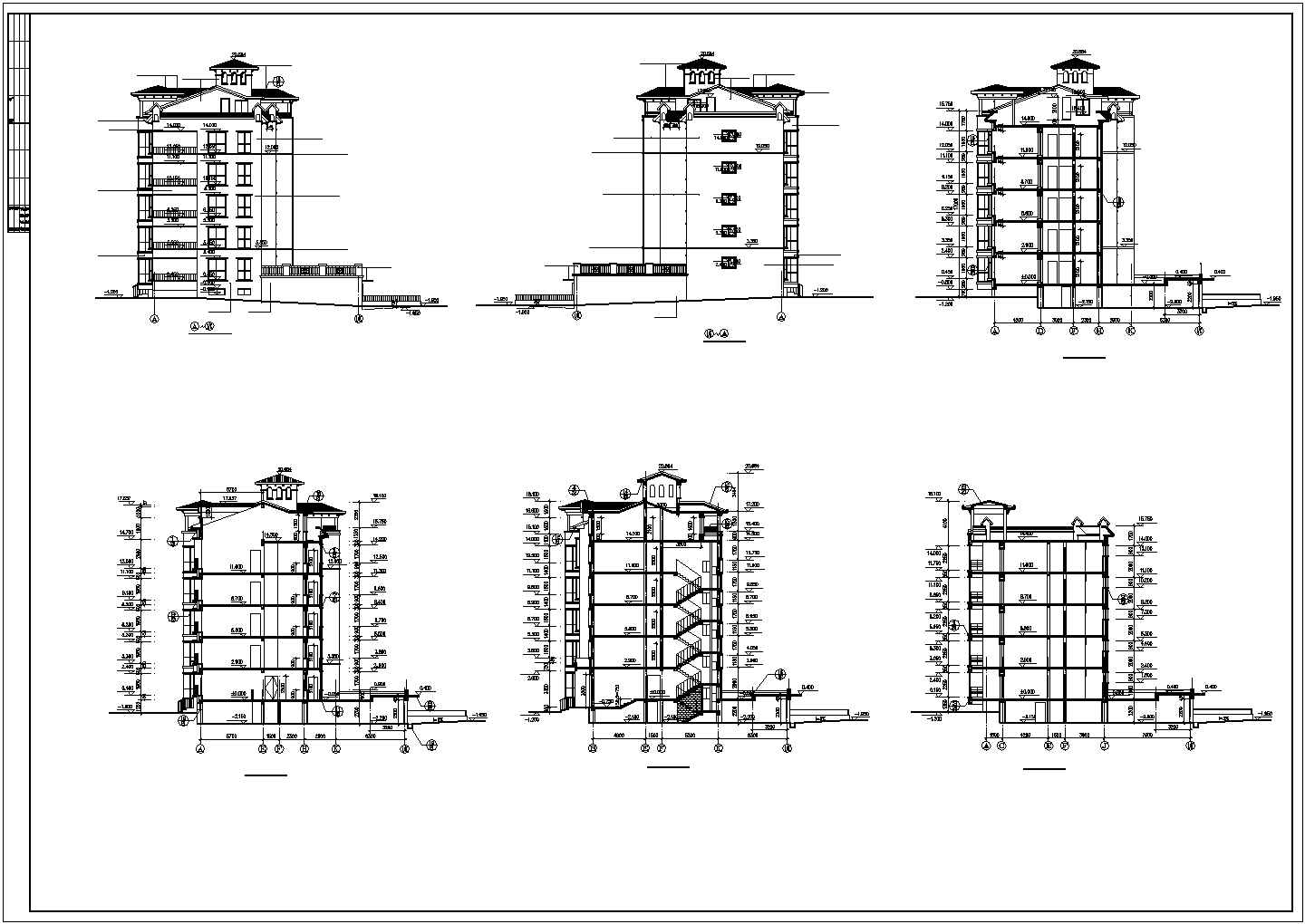 3700平米6层框混结构住宅楼平立剖面设计CAD图纸（含半地下室）