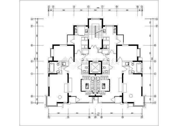 西安市锦阳花苑小区三栋住宅楼的标准层平面设计CAD图纸-图一
