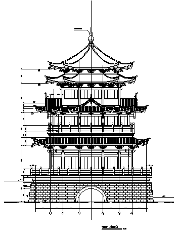 某市三层仿古云峰烟水阁建筑施工cad图_云峰烟水阁施工-图一