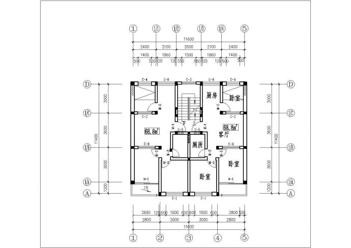 常州市某小区68-93平米左右的二房平面户型设计CAD图纸（4张）_图1