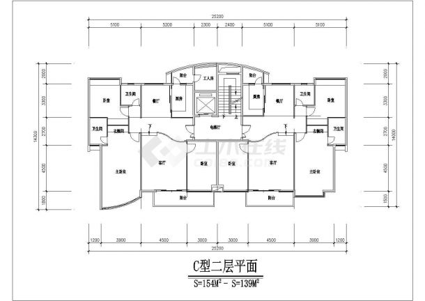 2100平米7层砖混结构住宅楼平面设计CAD图纸（1层2户）-图二