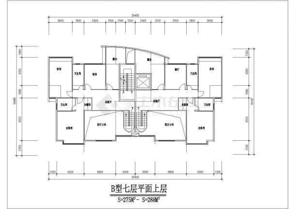 2700平米左右8层框混结构住宅楼平面设计CAD图纸（1层2户）-图一