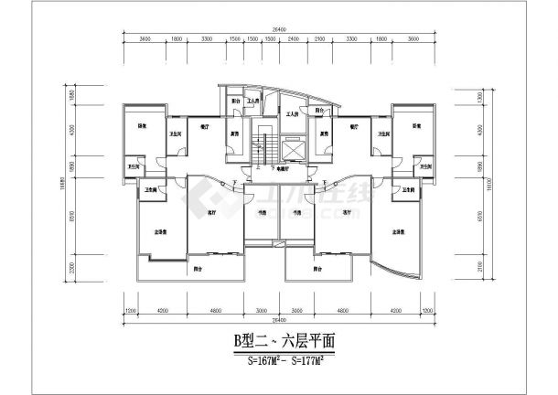 2700平米左右8层框混结构住宅楼平面设计CAD图纸（1层2户）-图二