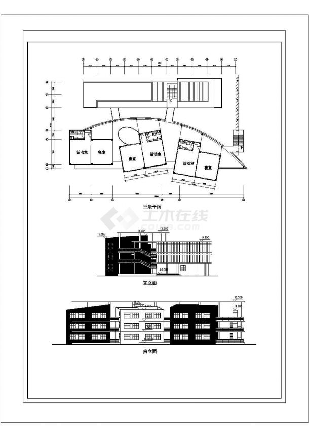 9班：长53.19米 宽26.4米 3层幼儿园建筑方案设计图【各层平面 2立面】-图一