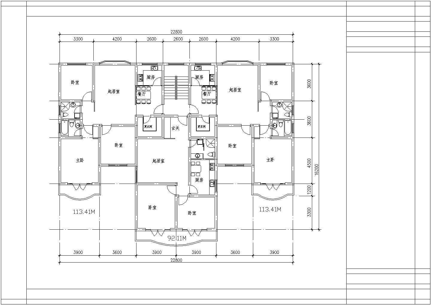 典型建筑面积110至120平米的户型住宅设计cad建筑平面方案图