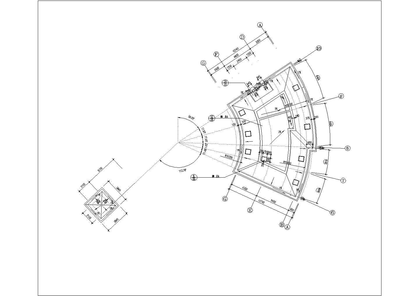 1800平米4层扇形框架结构休闲会所建筑设计CAD图纸（含阁楼）