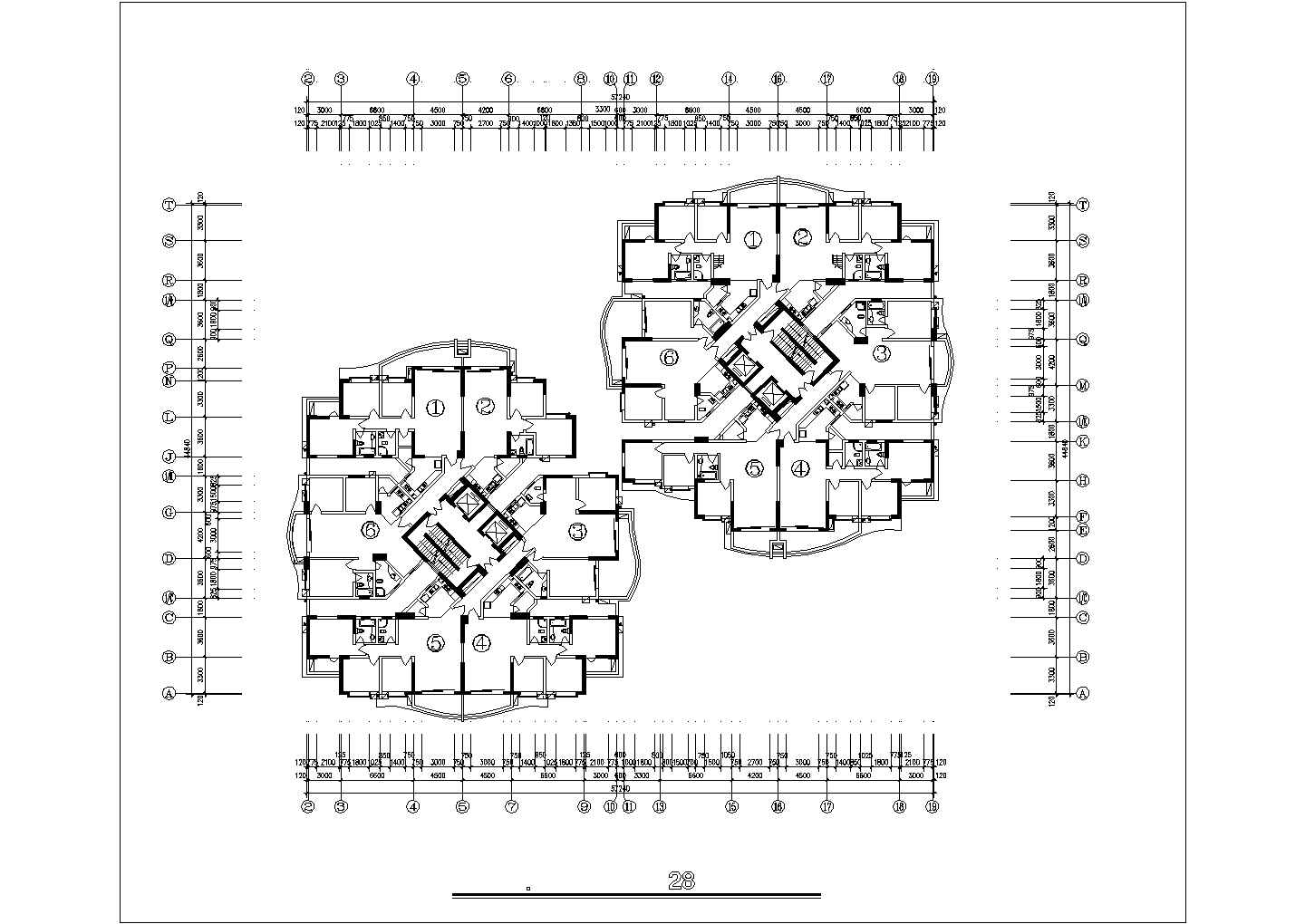 4万平米28层框剪结构商住楼住宅部分平面设计CAD图纸（1层12户）