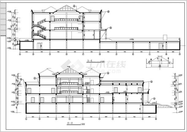 潮州市某居住区1100平米3层框架结构社区中心平立剖面设计CAD图纸-图二