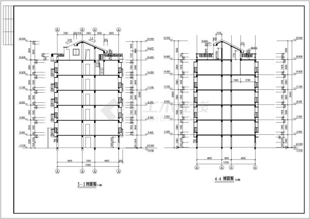 某小区3800平米7层框架住宅楼平立剖面设计CAD图纸（含阁楼和架空层）-图一