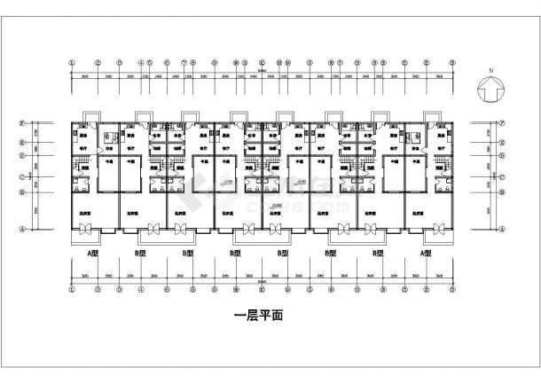 2200平米左右2+1层砖混结构住宅楼平立剖面设计CAD图纸（1层8户）-图二