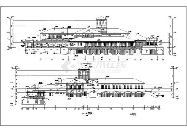 郑州xx小区1400平米3层框架结构物业服务中心平立剖面设计CAD图纸-图二