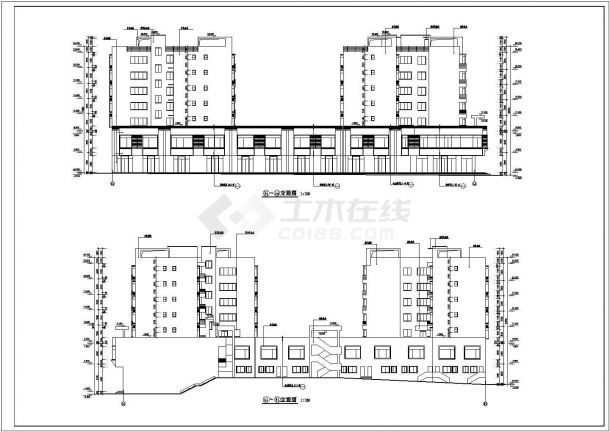 xxx小区4600平米两栋七层连排商住楼平立剖面设计CAD图纸（1-2层商用）-图一