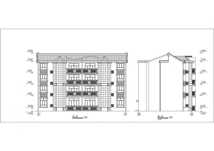 4层砖混结构双拼式别墅楼平立剖面设计CAD图纸（每户420平米）_图1