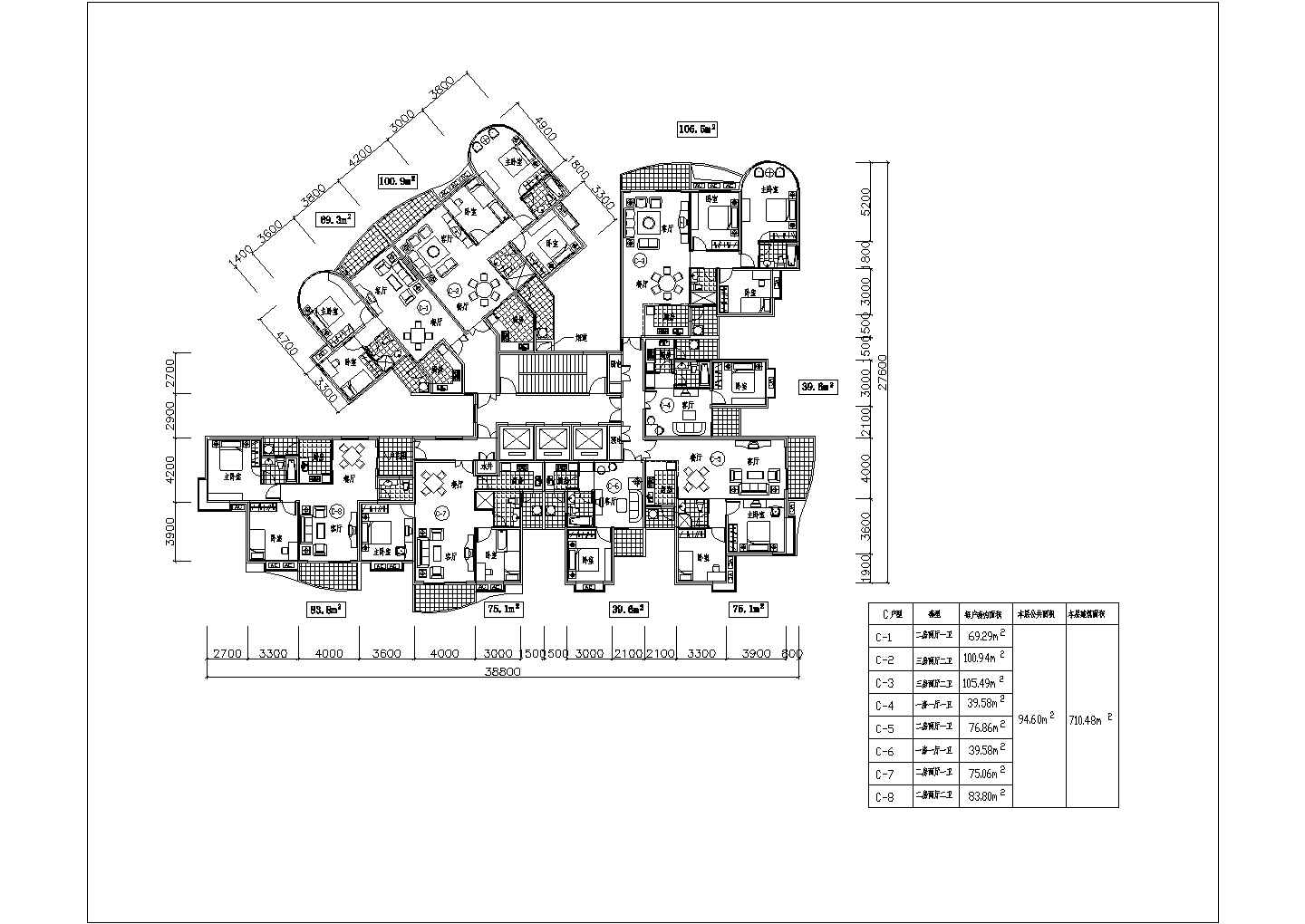 典型高层住宅楼户型设计cad建筑平面方案图集合（含户型经济指标）
