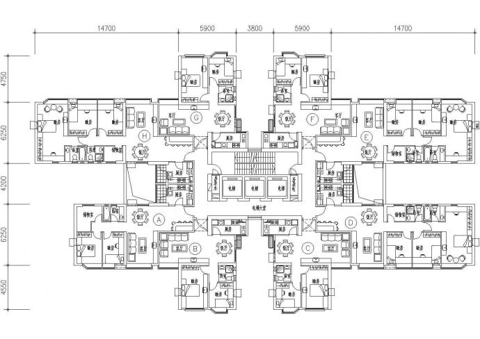 典型一梯八户住宅户型设计cad建筑平面方案图集_图1