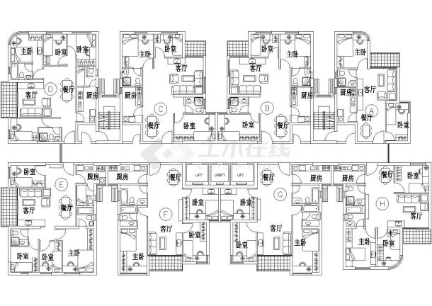 典型一梯八户住宅户型设计cad建筑平面方案图集-图二