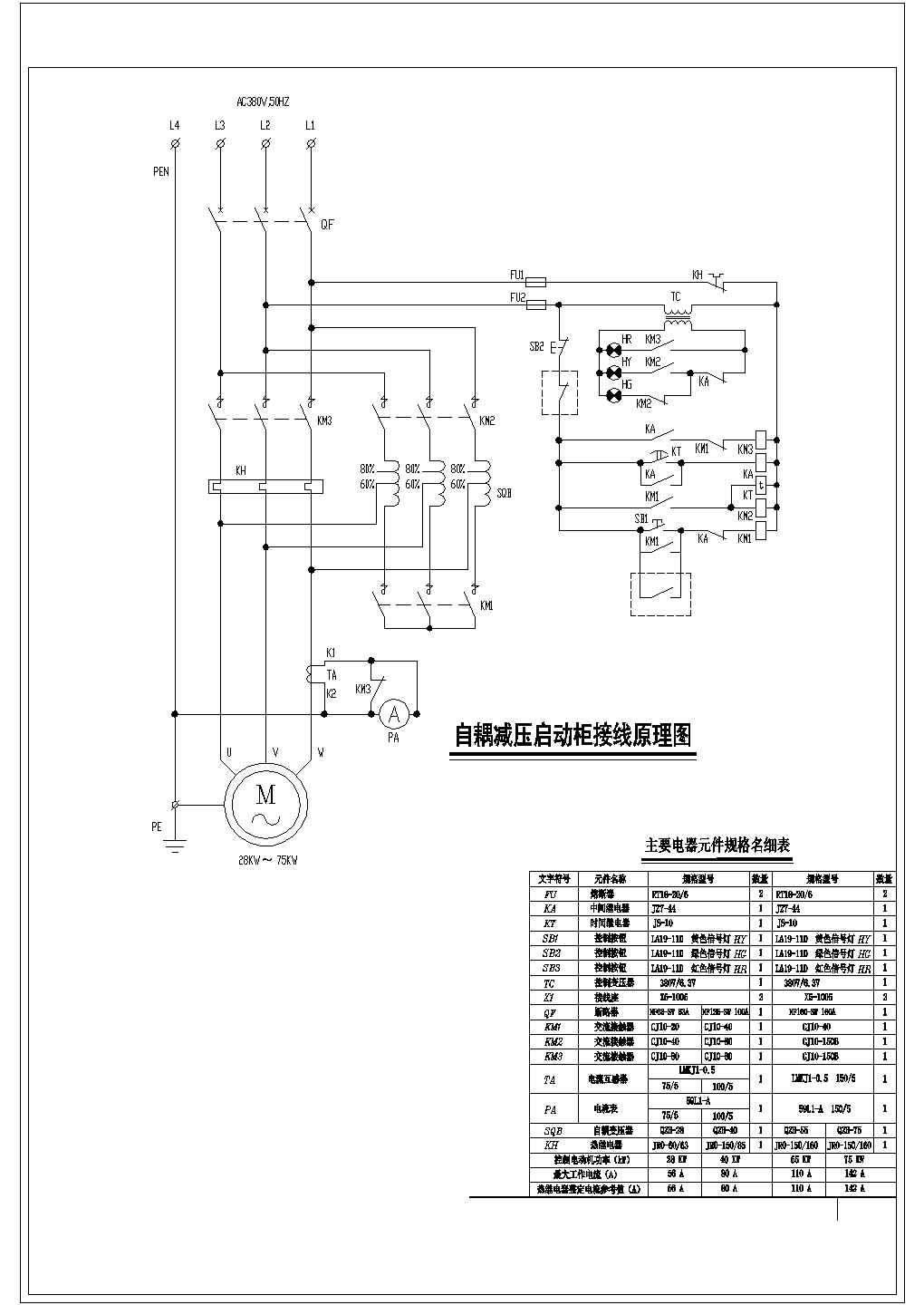 设备控制器_28KW-300KW自耦减压启动柜接线原理图