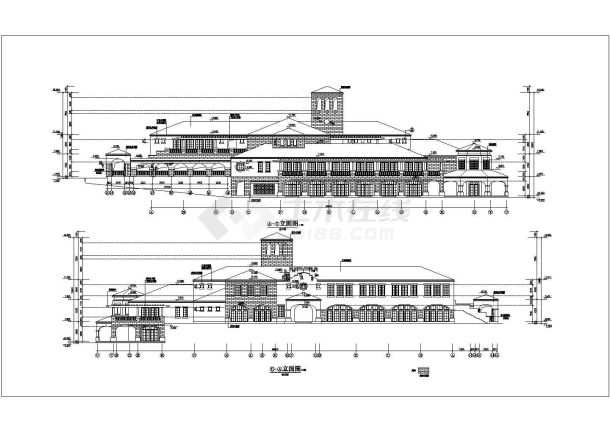 上海某社区2100平米2层框架结构活动中心平立剖面设计CAD图纸-图一