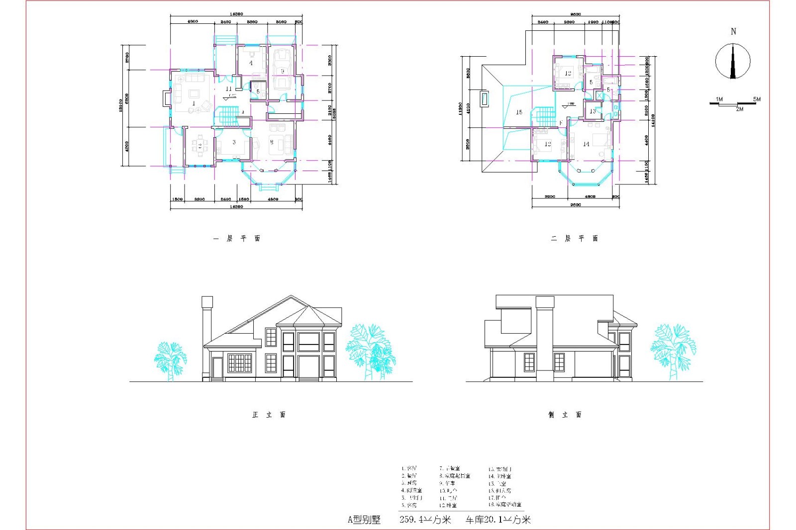 某二层框架结构欧式小别墅设计cad建筑方案图