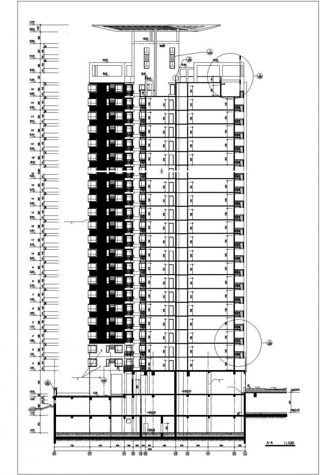 35层框剪结构住宅楼立剖面设计CAD图纸（含机房水箱层/含地下2层）_图1