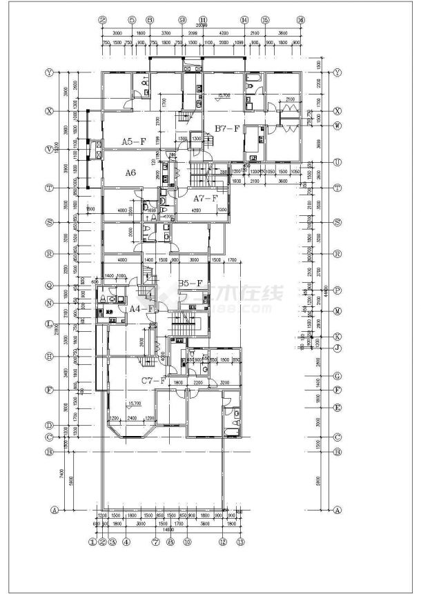 4800平米左右6+1层框架结构商住楼平面设计CAD图纸（1-2层商用）-图二