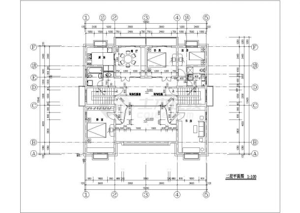 1200平米五层砖混结构住宅楼平立剖面设计CAD图纸（1层2户型）-图二