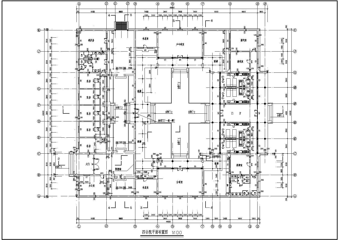 某长45.85米 宽40.4米 一层四合院CAD建筑设计图