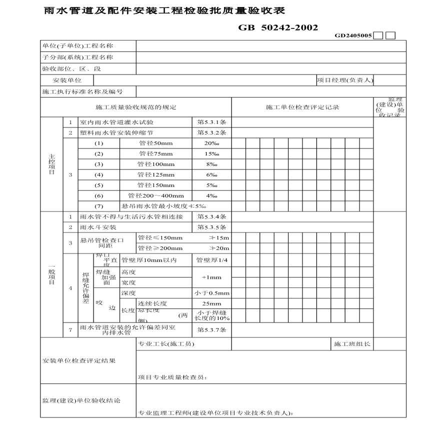 某地区雨水管道及配件安装工程检验批质量验收表详细文档-图一