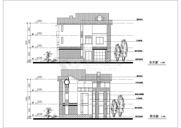 290平米左右3层砖混结构乡村别墅平立剖面设计CAD图纸-图二
