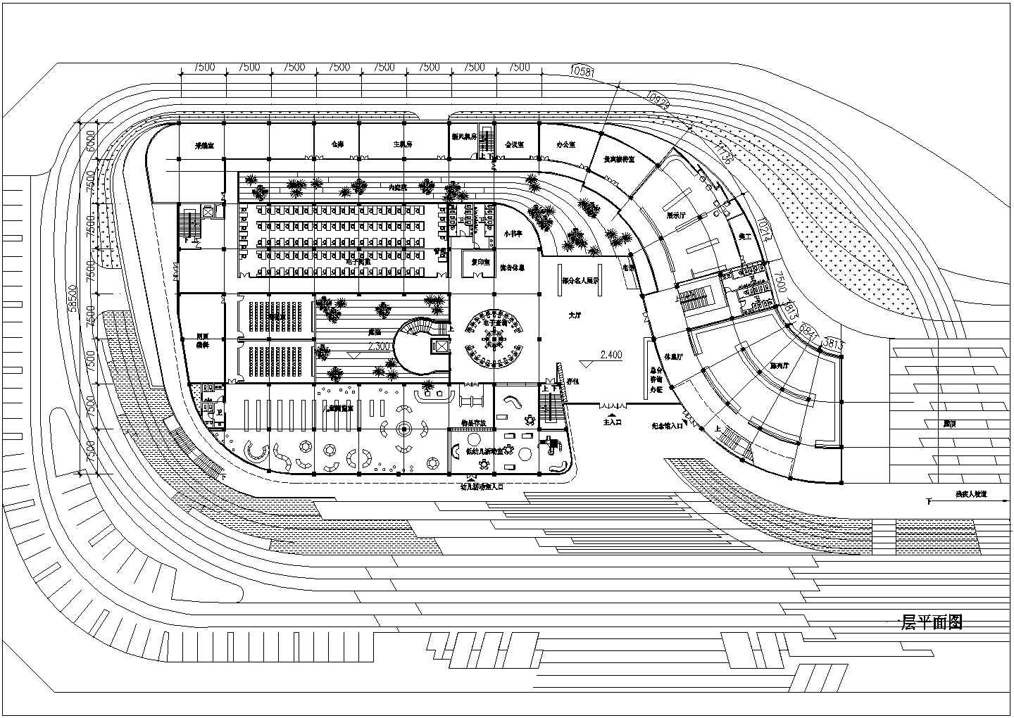 某长约100米 宽58.5米 半地下层地上五层图书馆CAD建筑方案设计图