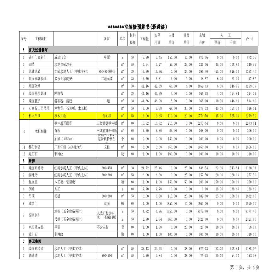 某卧室装修预算书(彩透漆）