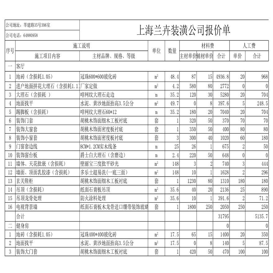 上海某室内设计装饰工程有限公司报价单