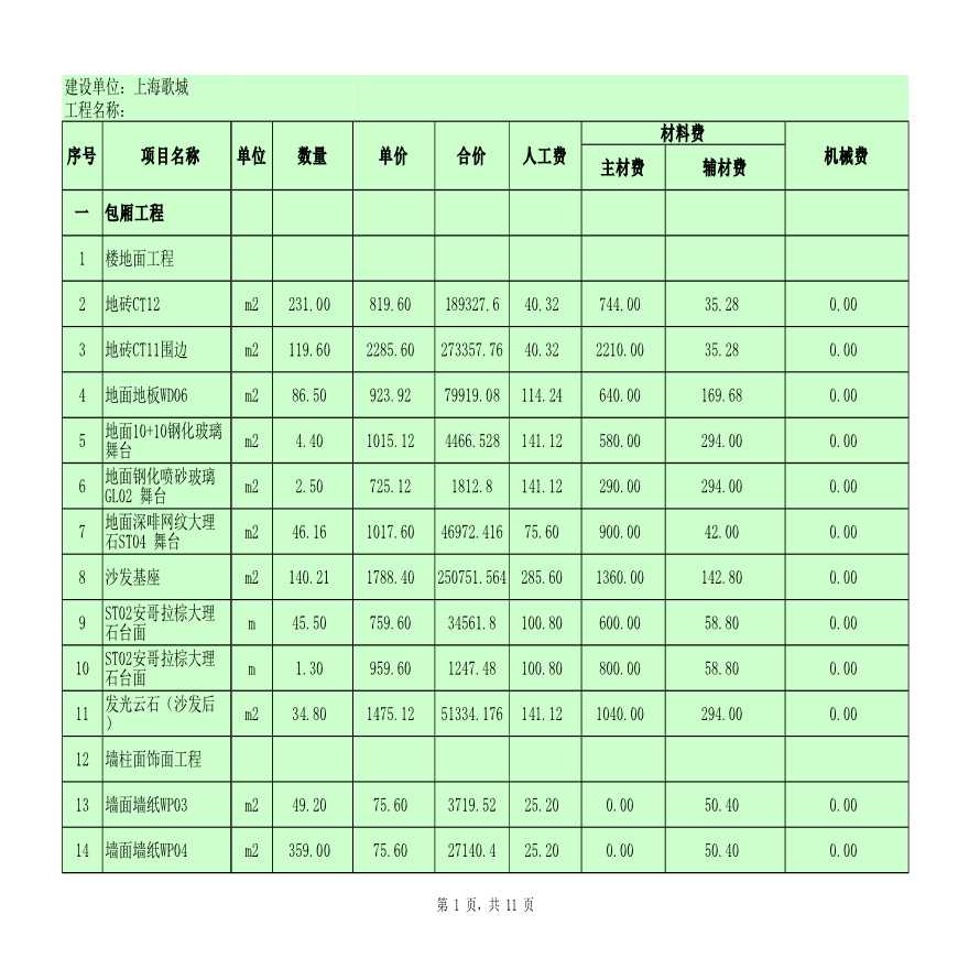 某KTV装饰工程量清单报价单设计