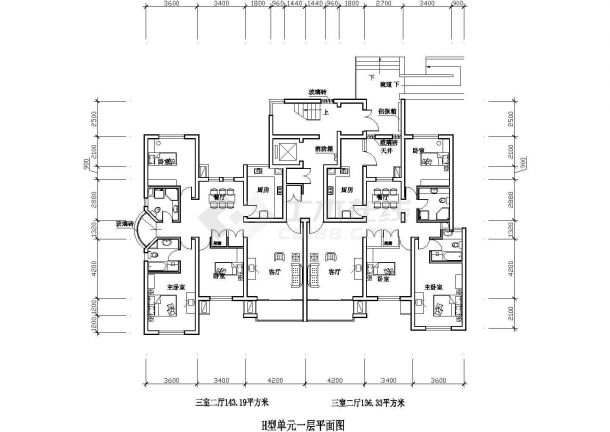 太原市泰元家园小区143+136平米住宅楼标准层平面设计CAD图纸（1梯2户）-图一