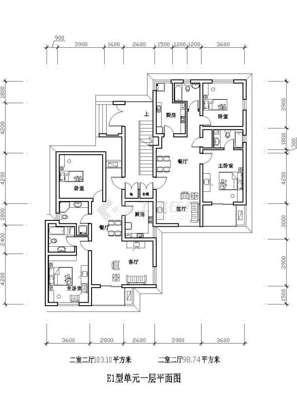 包头市晨曦花园小区98+103平米住宅楼标准层平面设计CAD图纸（1梯2户）-图一