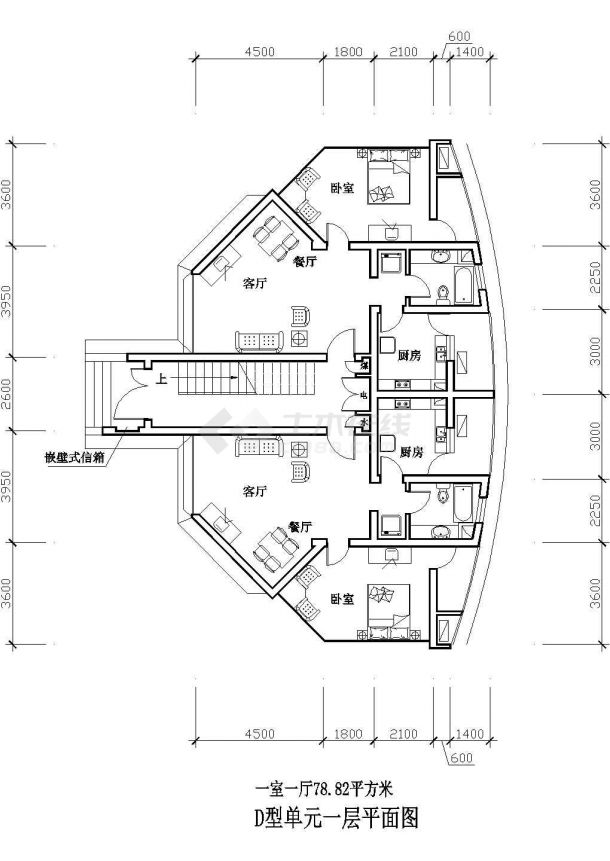 漳州平安花园小区每户78平住宅楼标准层平面设计CAD图纸（1梯2户对称型）-图一