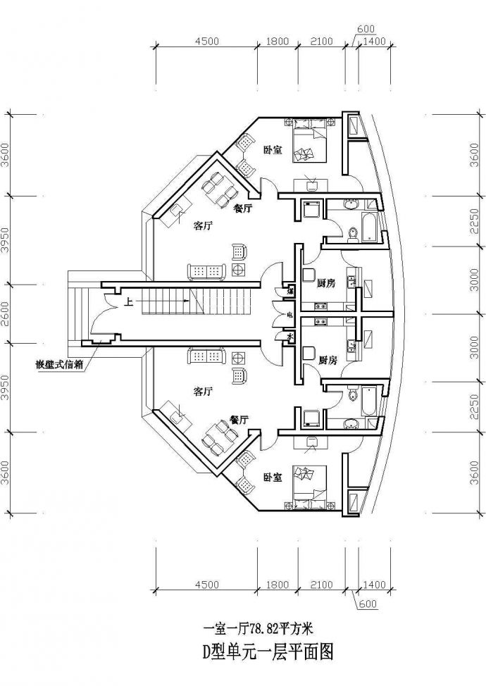漳州平安花园小区每户78平住宅楼标准层平面设计CAD图纸（1梯2户对称型）_图1