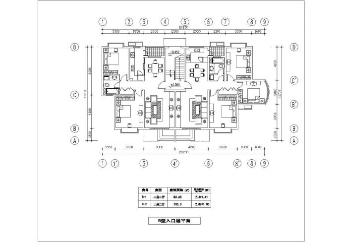 孝感市恩福花园小区两栋住宅楼的局部平面设计CAD图纸_图1