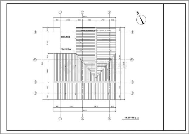 某长8.36米宽6.86米1层园林公厕CAD结构设计图纸（一层平面 屋顶平面 四个立面图 三个剖面图）-图一