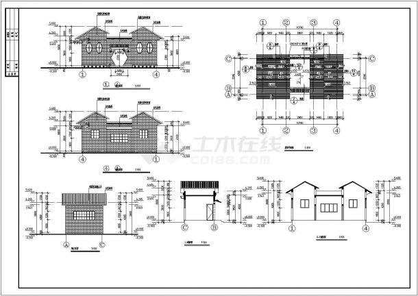 某长10.5和10.74米、宽5.8和5.34米两个1层公厕CAD建筑设计方案（一层平面 屋顶平面 立面 剖面 节点详图）-图二