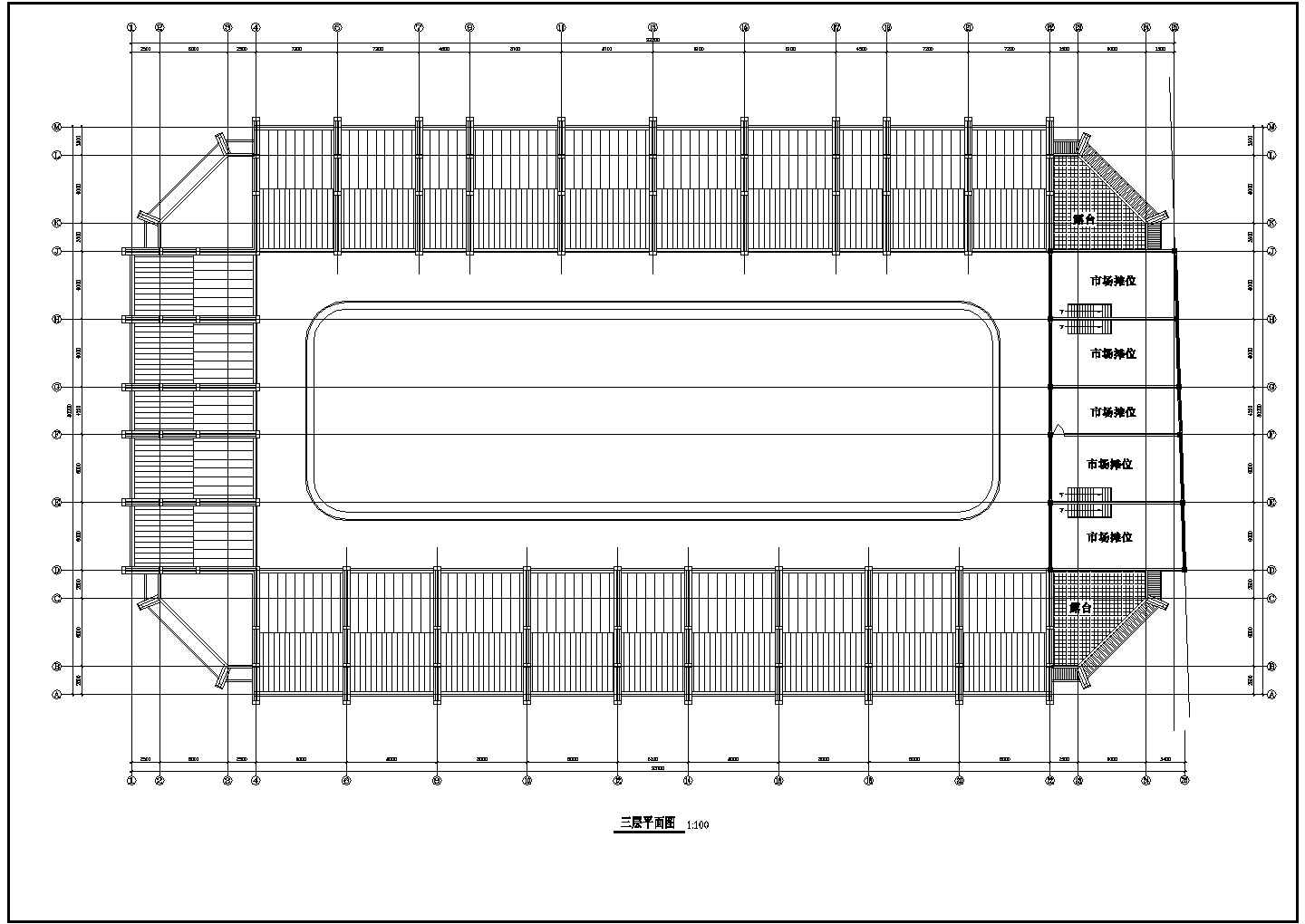 某长93.1米，宽50.2米，3层农贸市场CAD建筑平面设计图【各层及屋顶平面图】