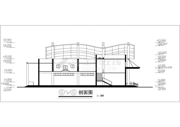 天津某大学2100平米3层框架结构活动中心平立剖面设计CAD图纸-图二