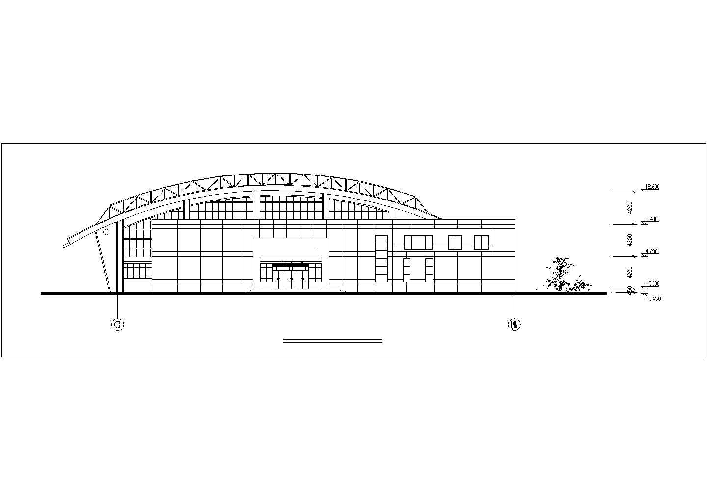 沧州市某高校1600平米2层钢框架结构体育馆平立剖面设计CAD图纸