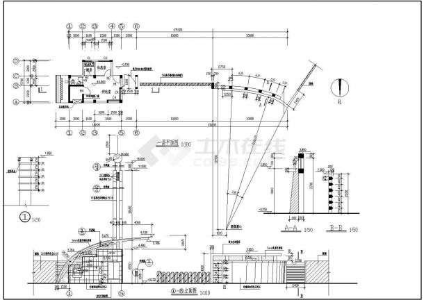 某重点中学大门CAD建筑设计平立面图纸-图二