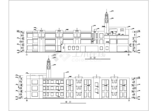 常州某街道2600平米3层框架结构幼儿园平立剖面设计CAD图纸-图二