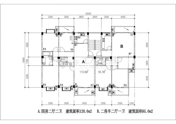 经典多层住宅设计cad户型平面方案图集合-图二