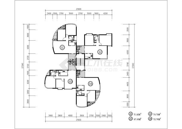 上海市沁侨园小区住宅楼的标准层平面设计CAD图纸（1梯4户/共5张）-图一