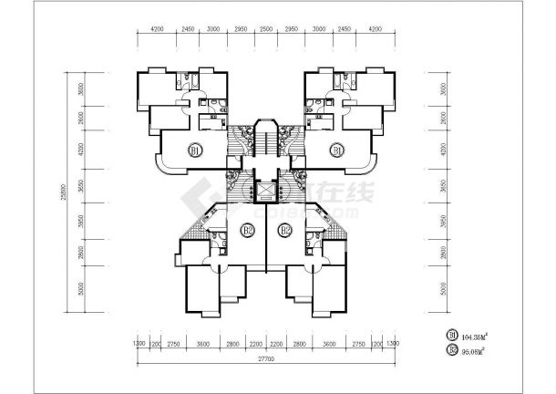 上海市沁侨园小区住宅楼的标准层平面设计CAD图纸（1梯4户/共5张）-图二