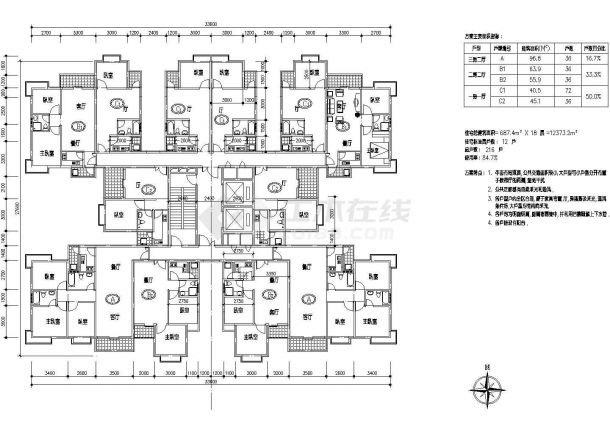 郑州某小区高层住宅楼标准层平面设计CAD图纸（45-96平米/1梯12户对称型）-图一