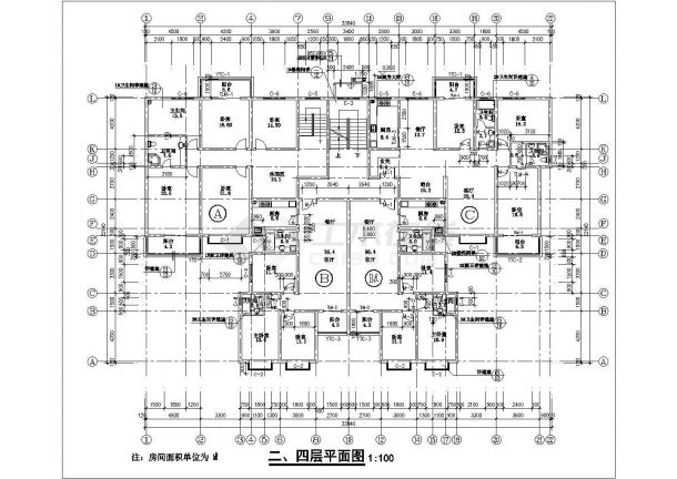 西安市凤凰花园小区6层混合结构住宅楼平面设计CAD图纸（含地下室层）-图二